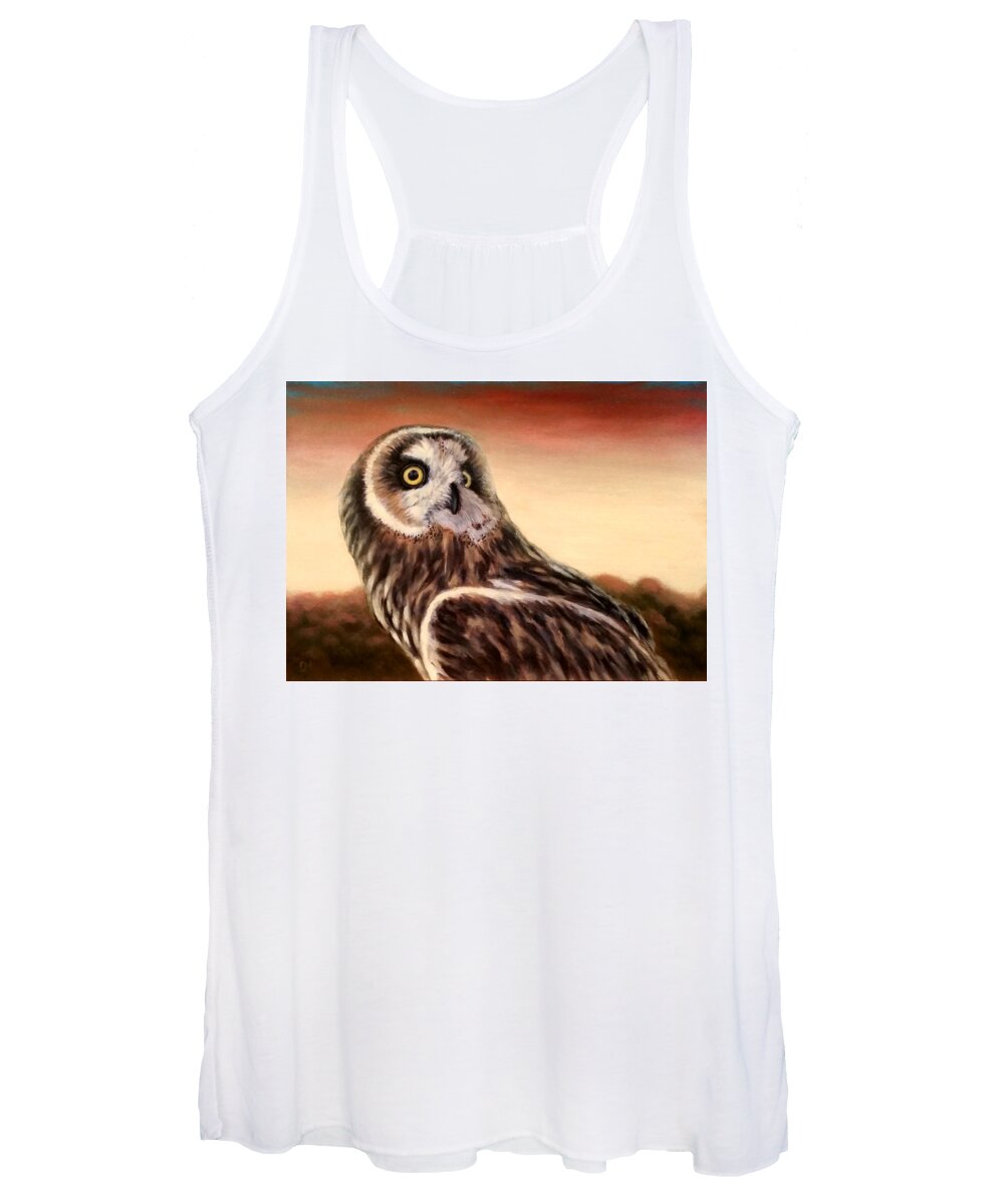 Oil Women's Tank Top featuring the painting Owl at Sunset by Linda Merchant