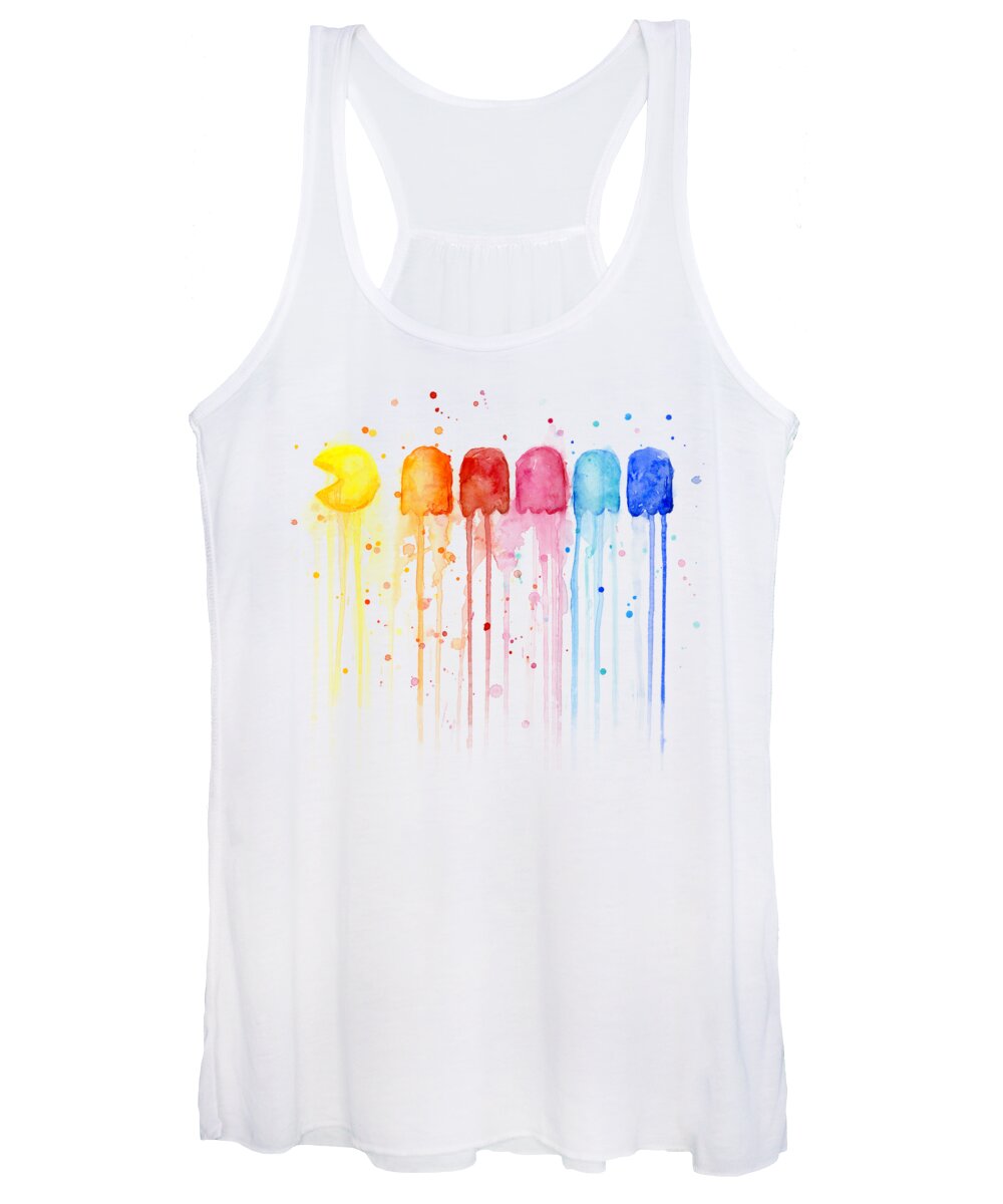 Video Game Women's Tank Top featuring the painting Pacman Watercolor Rainbow by Olga Shvartsur