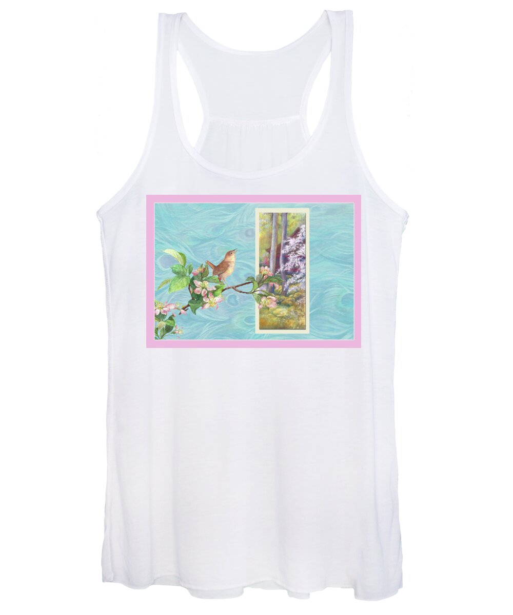 Illustrated Songbird Women's Tank Top featuring the painting Peacock and Cherry Blossom with wren by Judith Cheng