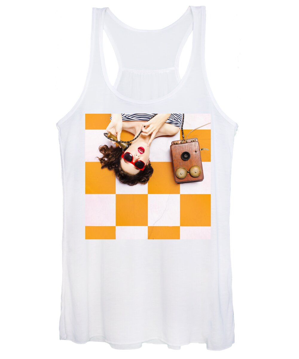 Phone Women's Tank Top featuring the photograph Pin-up beauty decision making on old phone by Jorgo Photography