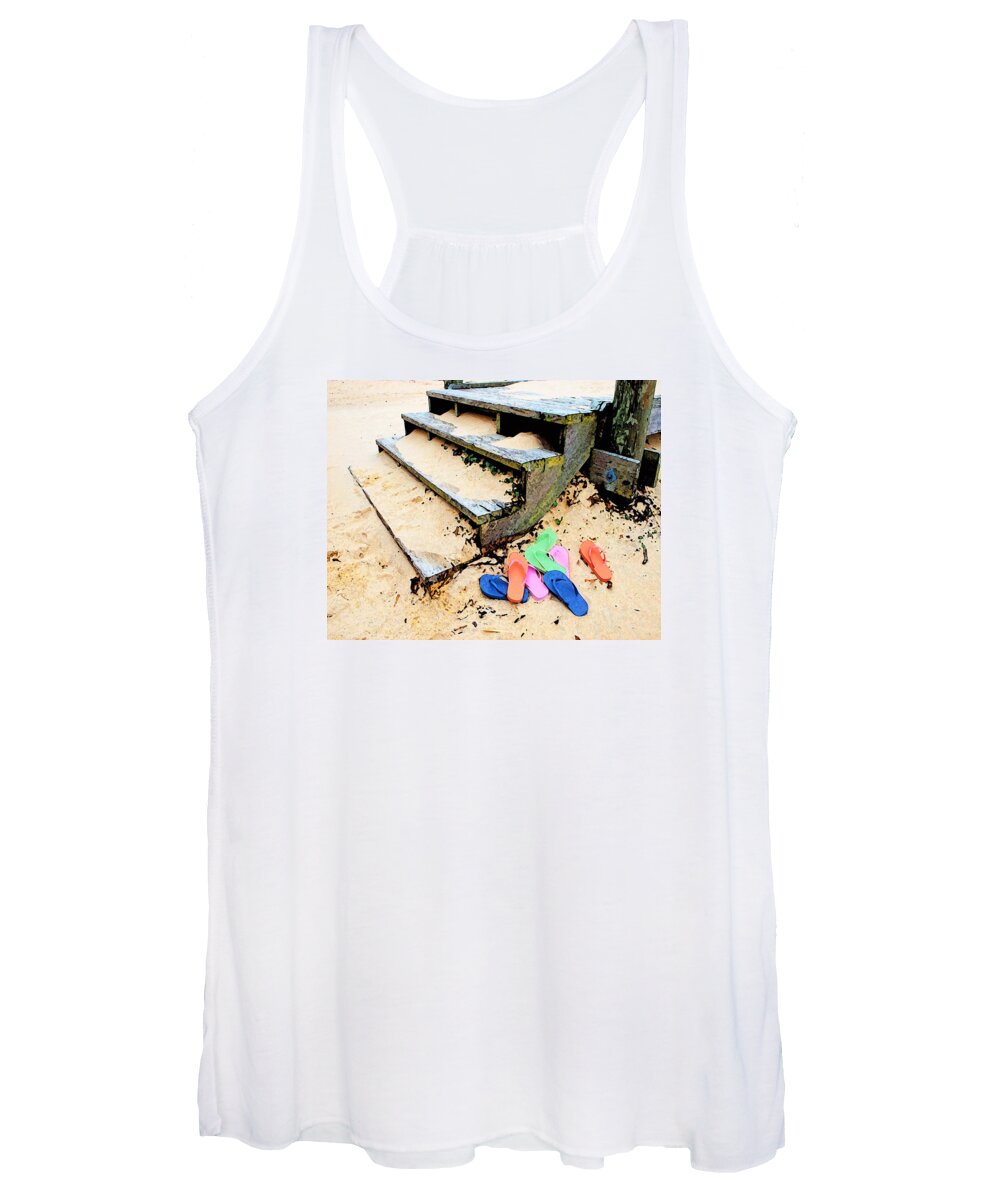 Alabama Pelican Women's Tank Top featuring the digital art Pink and Blue Flip Flops by the Steps by Michael Thomas
