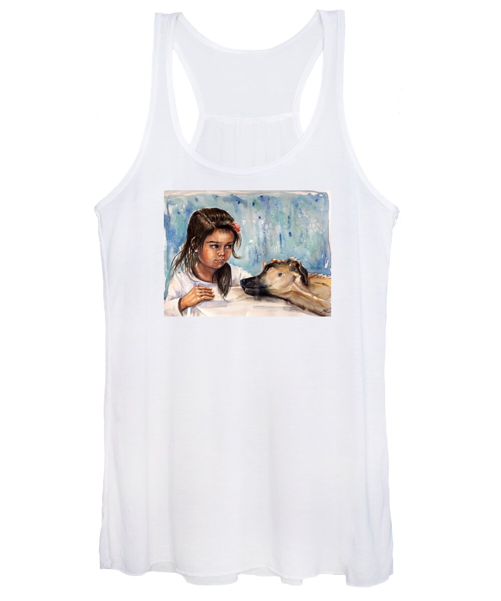 A Girl Women's Tank Top featuring the painting Please, don't go away by Katerina Kovatcheva