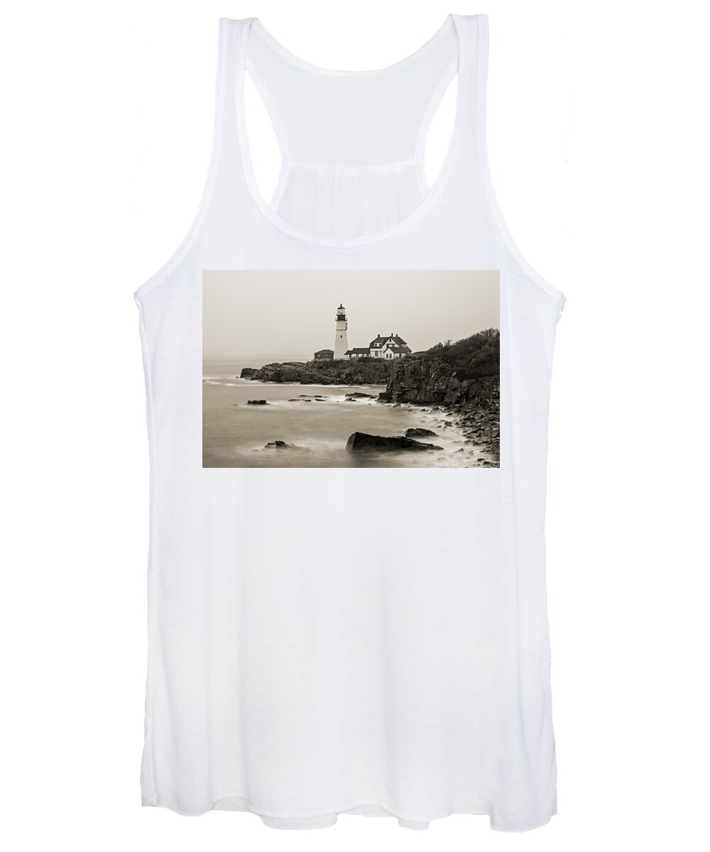 Vacationland Women's Tank Top featuring the photograph Portland Head Lighthouse foggy morning Sepia by David Smith