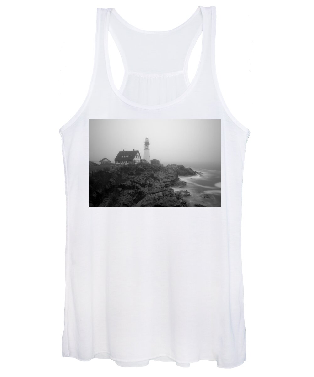 Vacationland Women's Tank Top featuring the photograph Portland Head Lighthouse in fog Black and White by David Smith