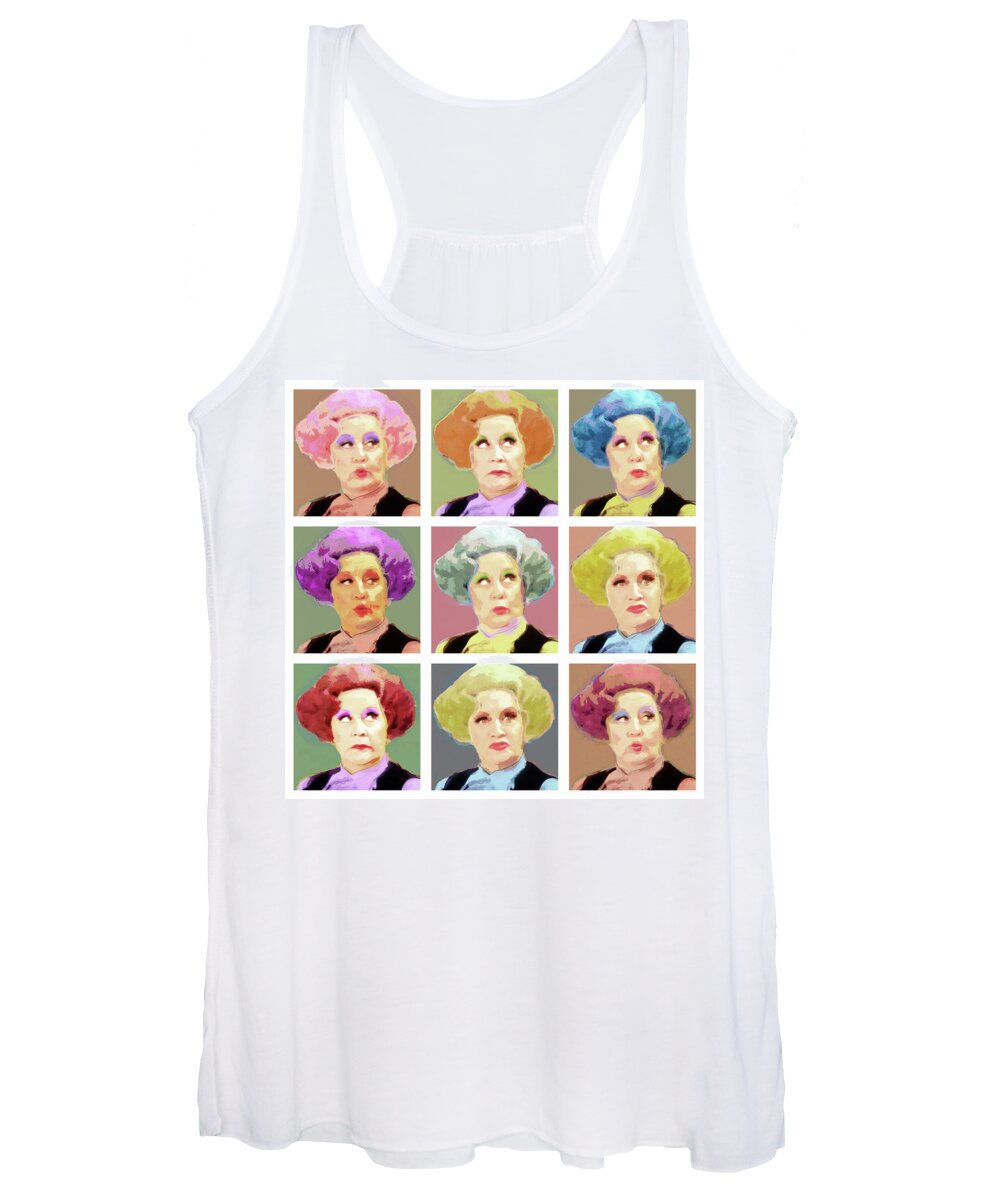 Celebrities Women's Tank Top featuring the digital art Pussy Galore - Nine Lives - Mollie Sugden Portrait, Are You Being Served? by BFA Prints