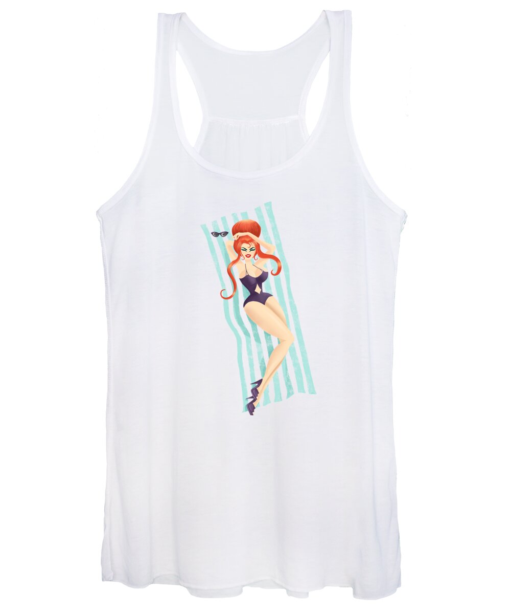 Pinup Women's Tank Top featuring the painting Red Haired Bouffant Beach Blanket Bombshell by Little Bunny Sunshine
