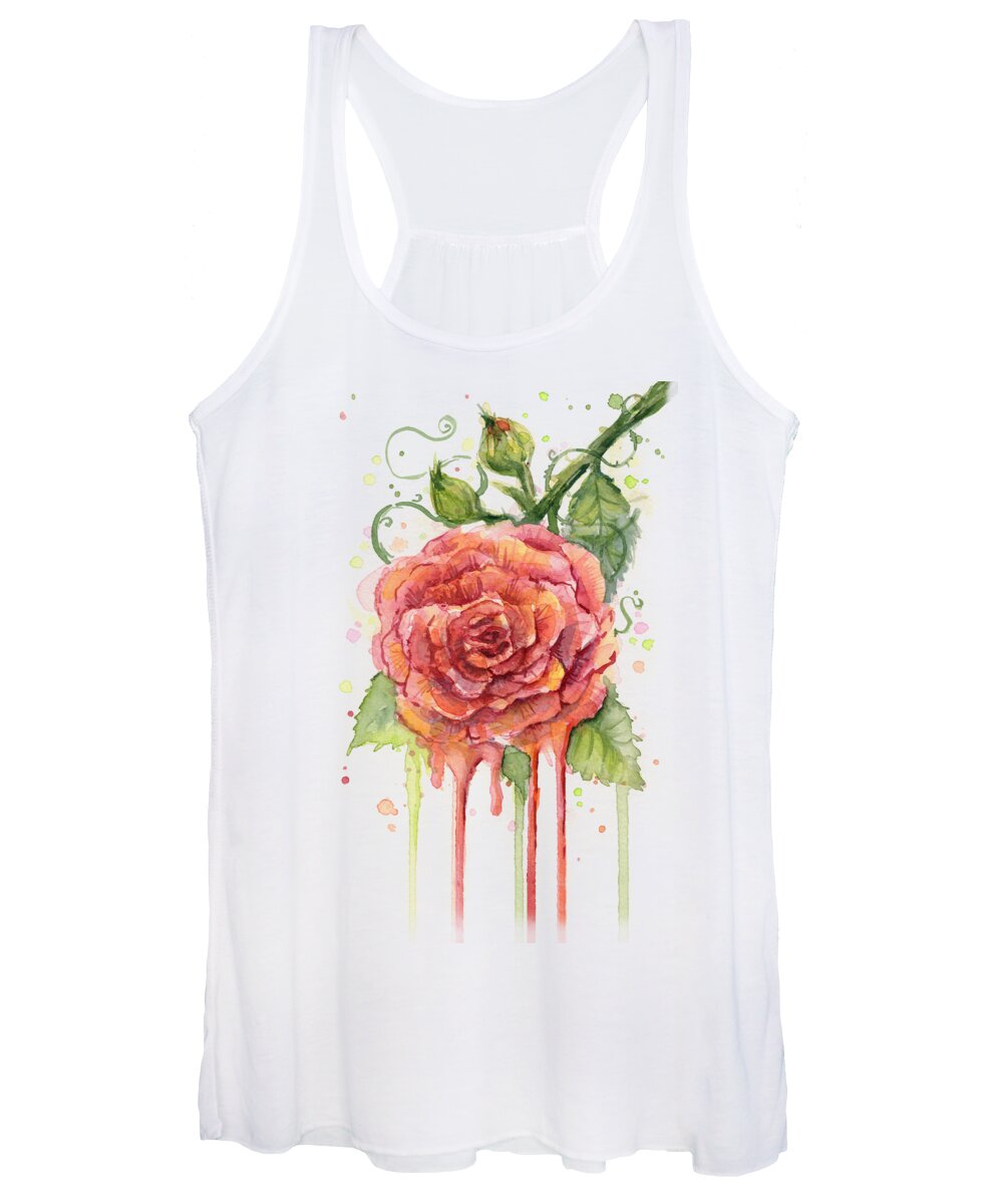 Rose Women's Tank Top featuring the painting Red Rose Dripping Watercolor by Olga Shvartsur