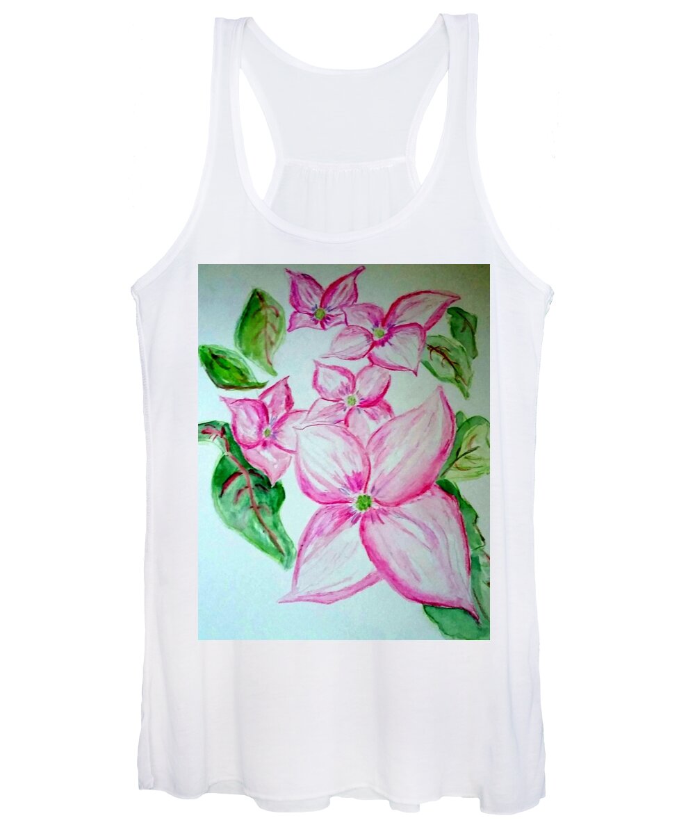 Watercolor Women's Tank Top featuring the painting Rosy Teacups Dogwood Painting by Stacie Siemsen