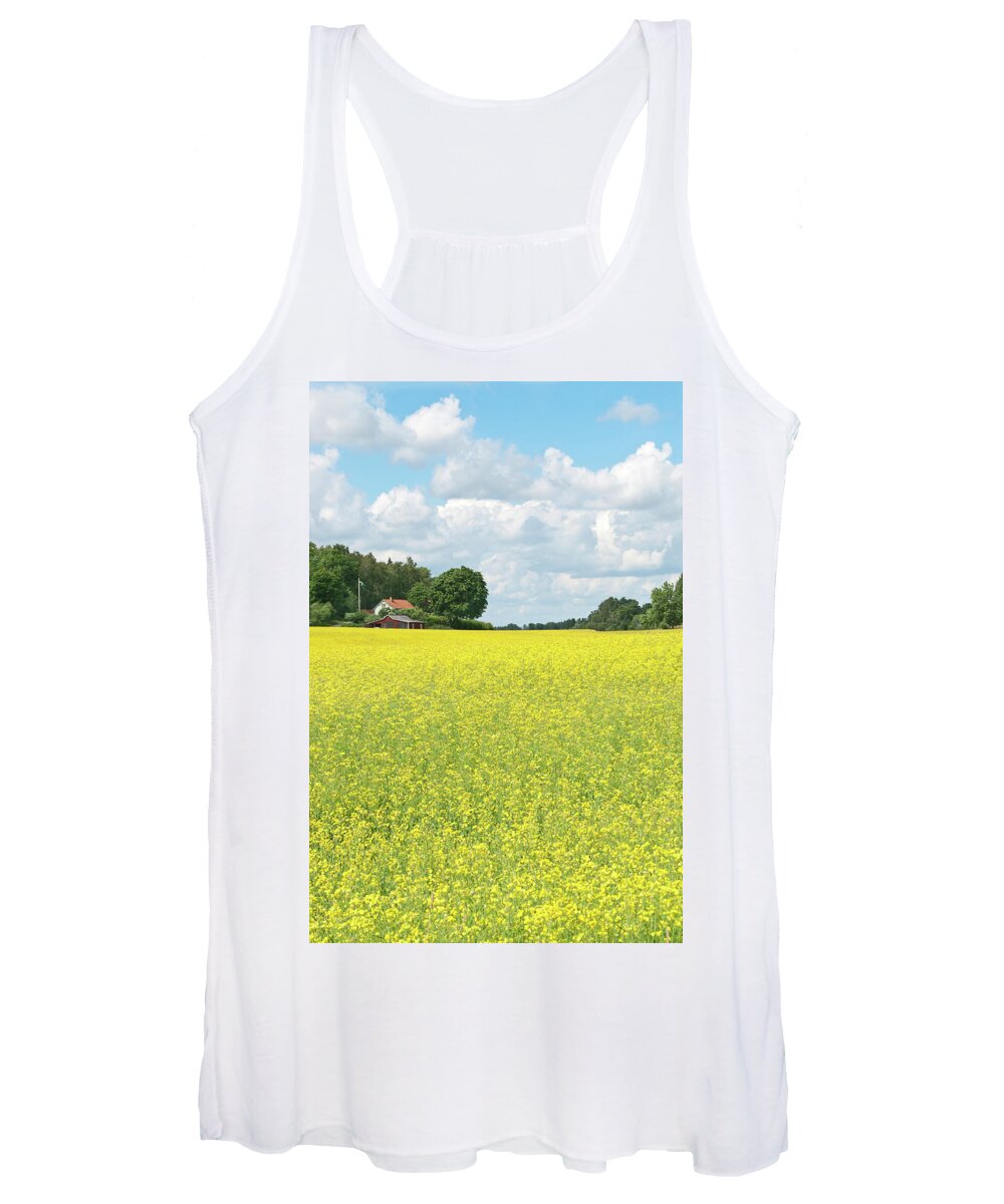 Field Women's Tank Top featuring the photograph Scandinavian summer landscape with yellow meadow by GoodMood Art