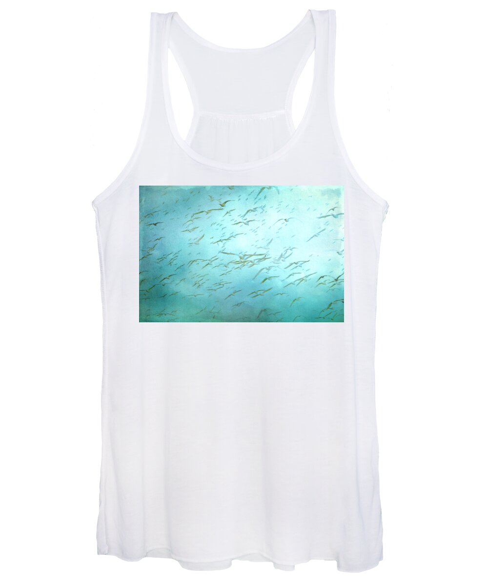 Seagulls Women's Tank Top featuring the photograph Seagulls on Teal Blue Background by Peggy Collins