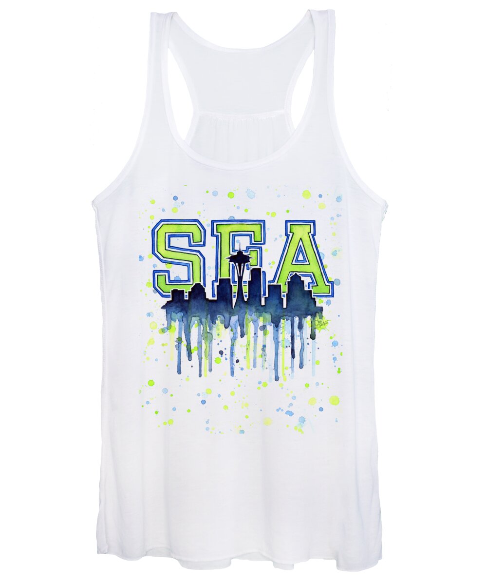 Watercolor Women's Tank Top featuring the painting Seattle Watercolor 12th Man Art Painting Space Needle Go Seahawks by Olga Shvartsur