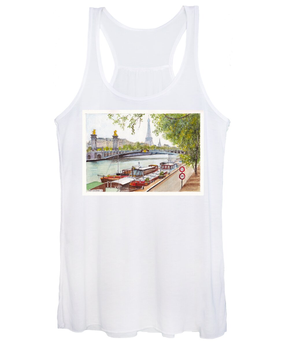 Landscape Women's Tank Top featuring the painting Barges on the River Seine in Paris by Dai Wynn