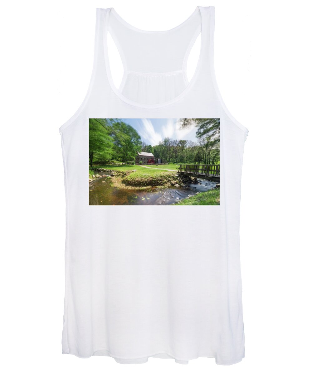 Sudbury Grist Mill Old Iconic Historic Landscape Water Waterwheel Wheel Falls Waterfall Bridge Over Water Stream River Brook Grass Trees Long Exposure Clouds Streaking Streak Nature Outside Outdoors Ma Mass Massachusetts U.s.a. Usa Brian Hale Brianhalephoto Stone Wall Building Architecture Women's Tank Top featuring the photograph Spring in Sudbury by Brian Hale