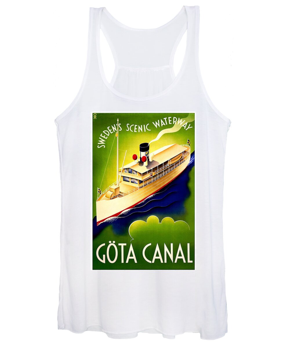 Steamer Women's Tank Top featuring the painting Steamer ship on Sweden's Scenic Waterway Gota Canal - Vintage Travel Poster - Green and Blue by Studio Grafiikka