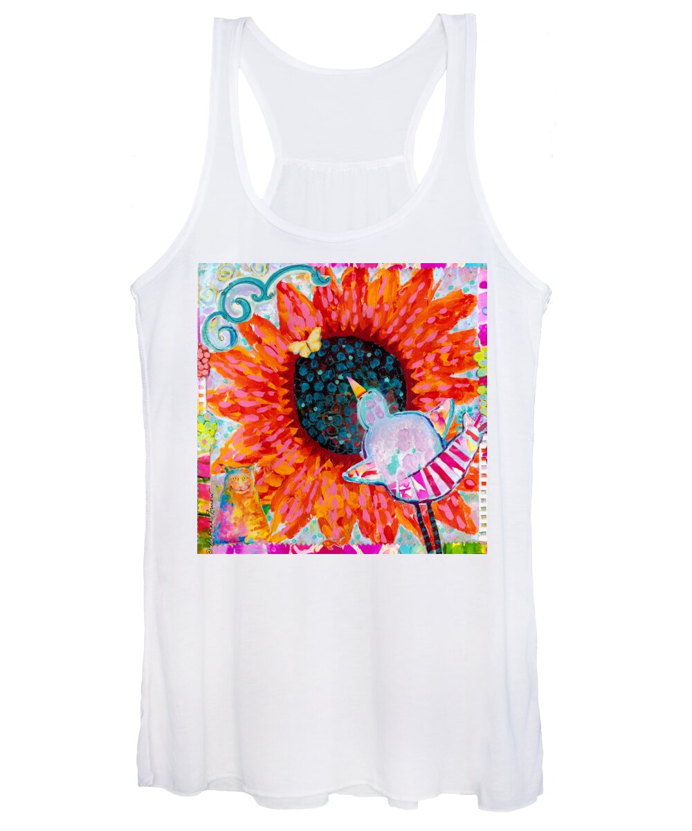 Orange Pink Sunflower Women's Tank Top featuring the painting Sunflower In The Middle by Deborah Burow