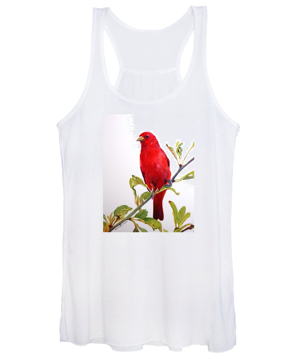 Scarlett Red Tanager Perched On A Tree Branch. Wildlife Women's Tank Top featuring the painting The Scarlett Tanager by Brenda Beck Fisher