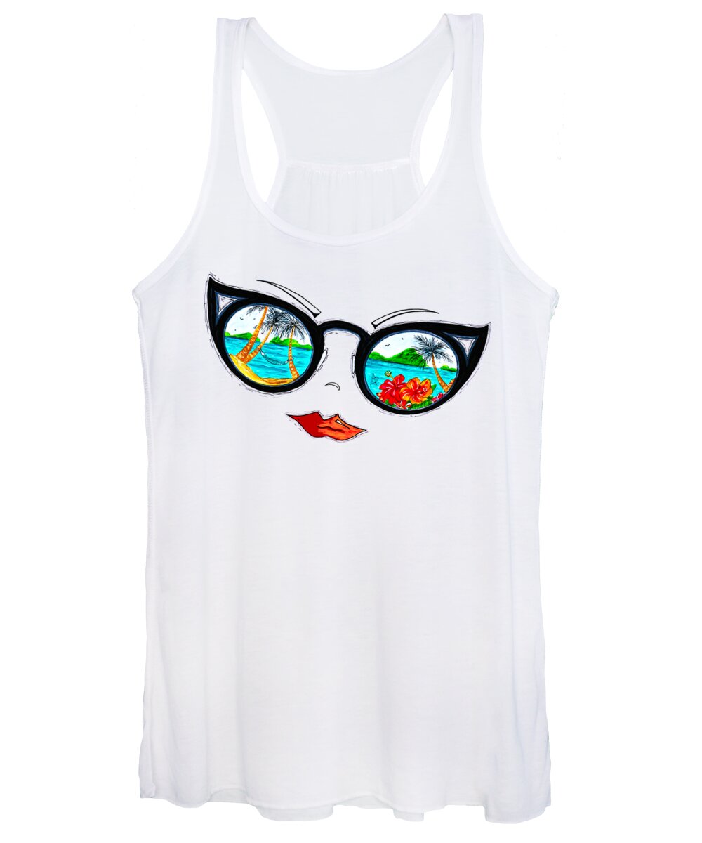 Tropical Women's Tank Top featuring the painting Tropical Cat Eyes Sunglass Reflection Aroon Melane 2015 Collection by MADART by Megan Aroon