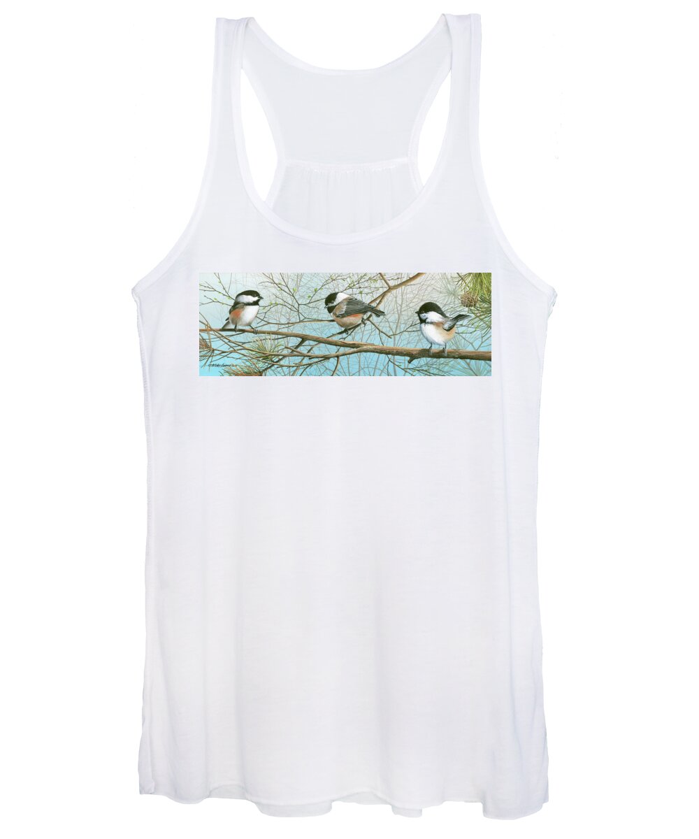 Black Capped Chickadee Women's Tank Top featuring the painting Troublesome Trio by Mike Brown
