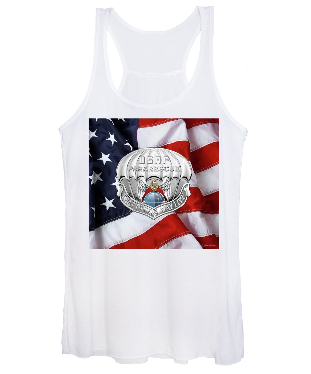 'military Insignia & Heraldry' Collection By Serge Averbukh Women's Tank Top featuring the digital art U. S. Air Force Pararescuemen - P J Badge over American Flag by Serge Averbukh