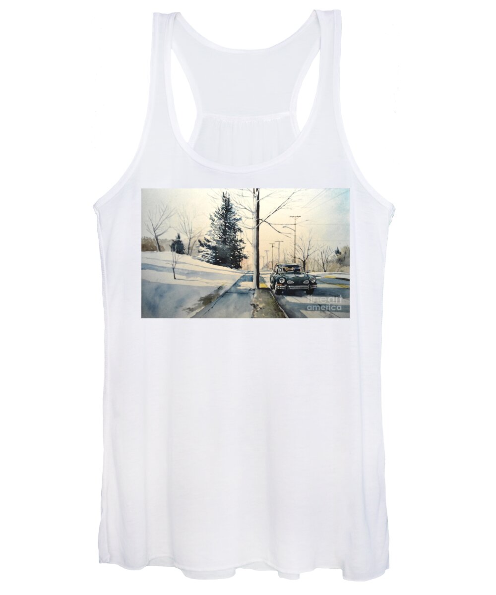 Volkswagen Women's Tank Top featuring the painting Volkswagen Karmann Ghia on snowy road by Christopher Shellhammer