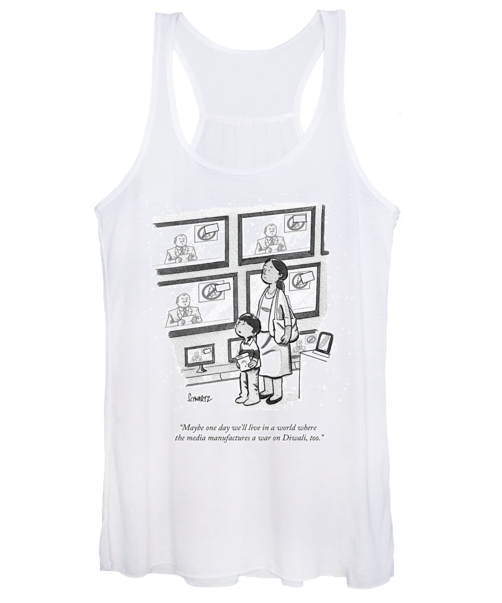 maybe One Day We'll Live In A World Where The Media Manufactures A War On Diwali Women's Tank Top featuring the drawing War on Diwali by Benjamin Schwartz