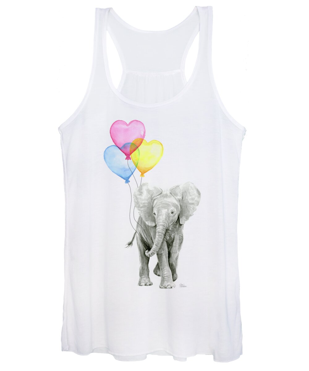 Elephant Women's Tank Top featuring the painting Watercolor Elephant with Heart Shaped Balloons by Olga Shvartsur