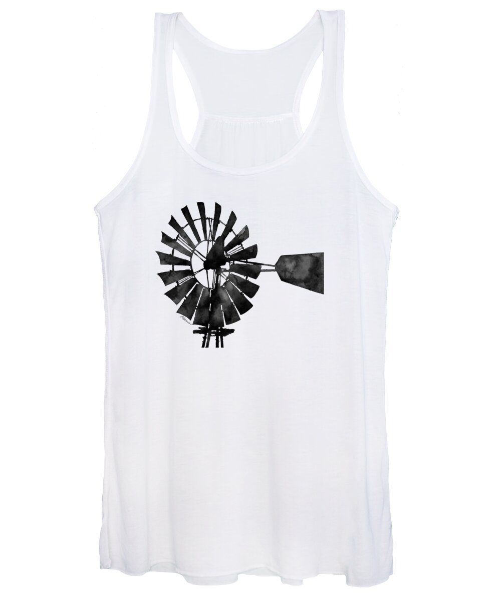 Windmill Women's Tank Top featuring the painting Windmill in Black and White by Hailey E Herrera