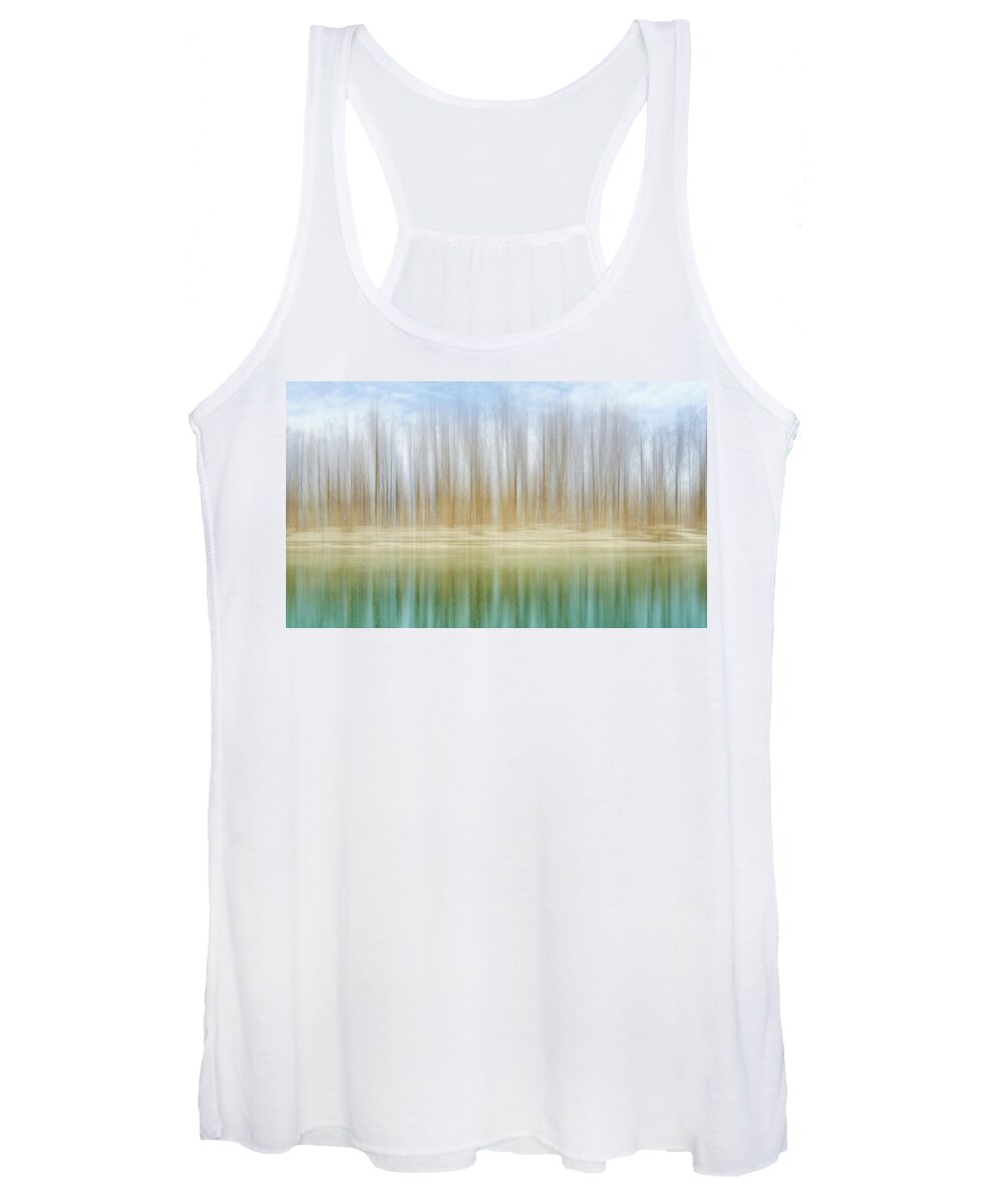 Meramec River Women's Tank Top featuring the photograph Winter trees on a river bank reflecting into water by Robert FERD Frank