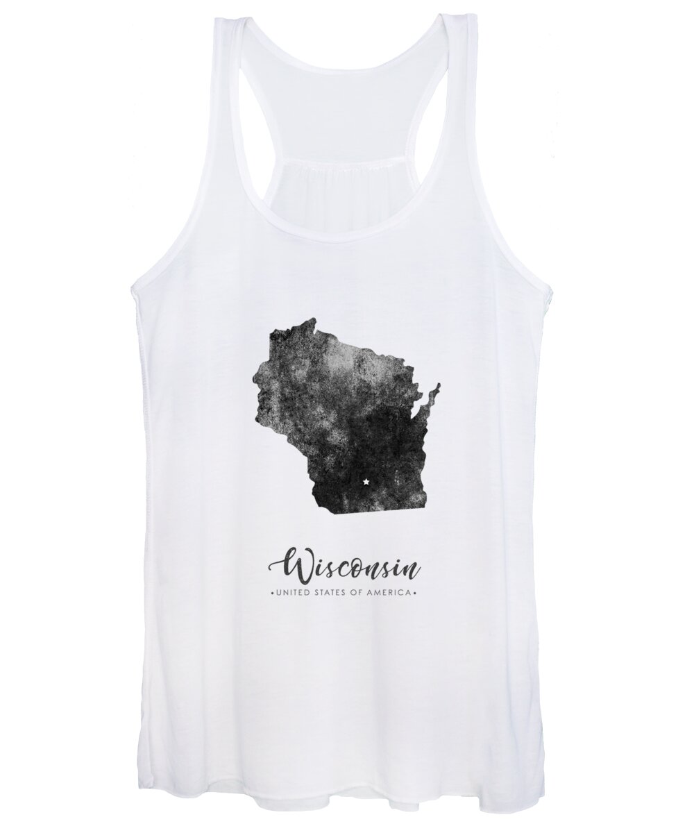 Wisconsin Women's Tank Top featuring the mixed media Wisconsin State Map Art - Grunge Silhouette by Studio Grafiikka