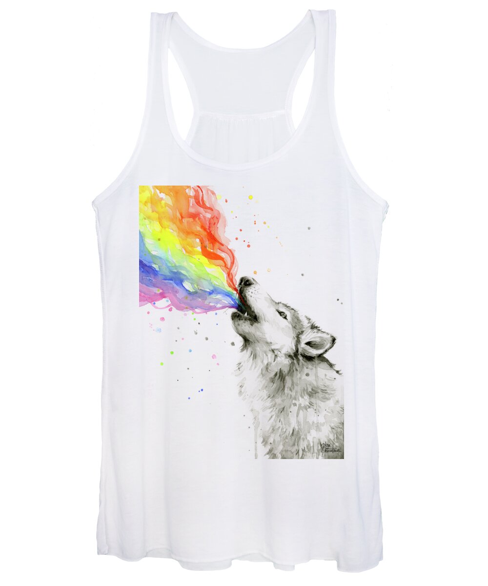 Watercolor Women's Tank Top featuring the painting Wolf Rainbow Watercolor by Olga Shvartsur