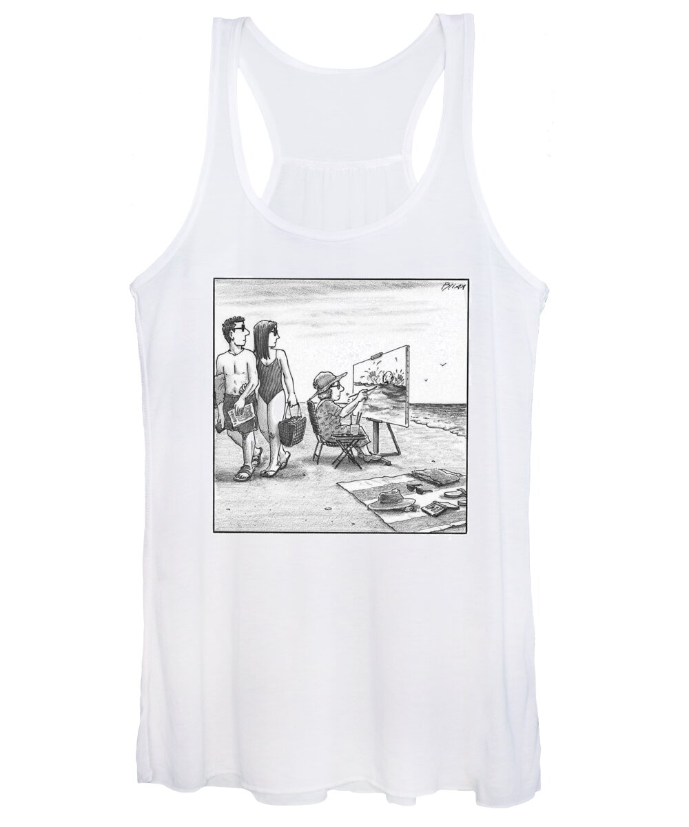 Drowning Women's Tank Top featuring the drawing Woman paints man drowning in front of her. by Harry Bliss