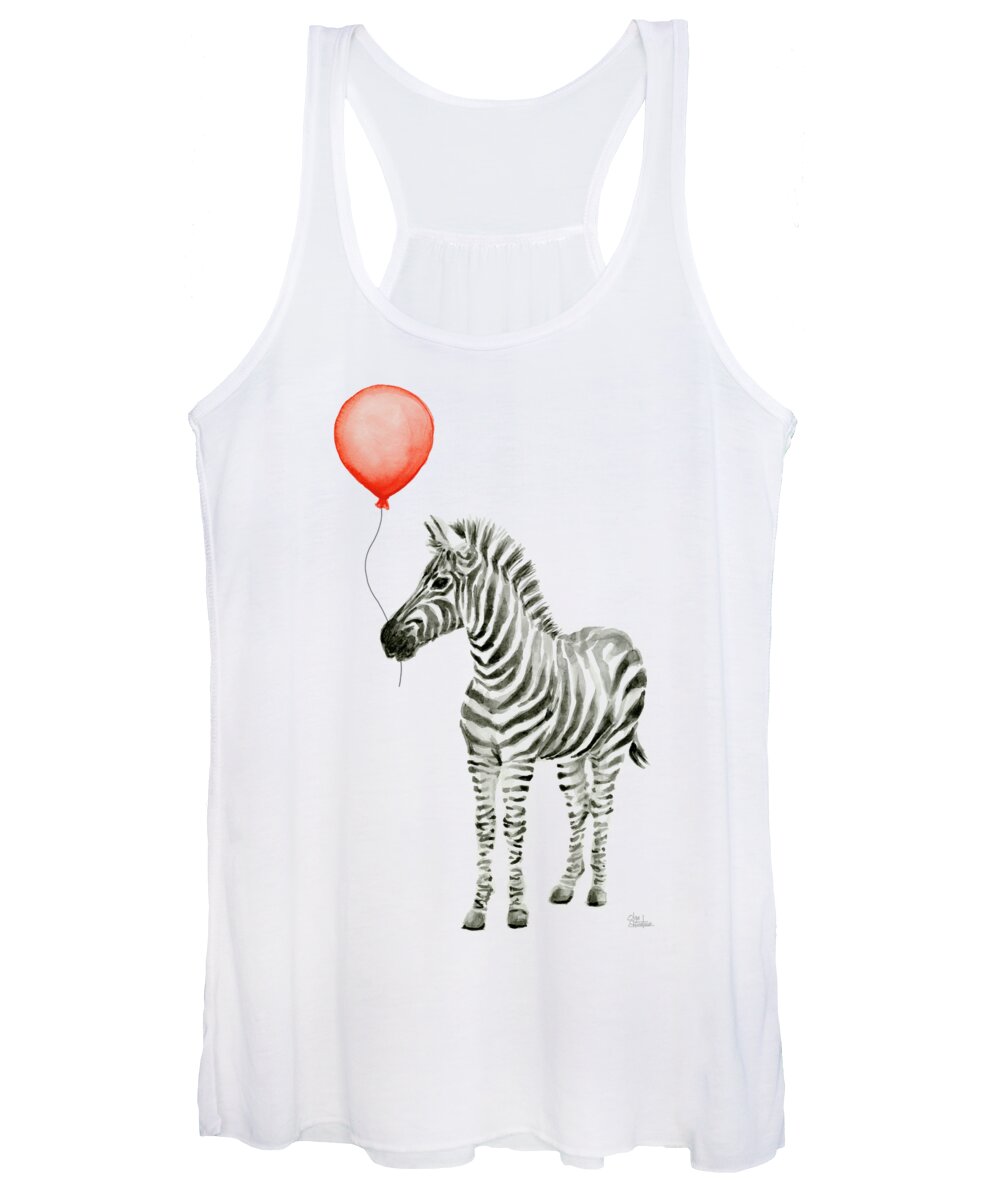 Zebra Women's Tank Top featuring the painting Zebra with Red Balloon Whimsical Baby Animals by Olga Shvartsur