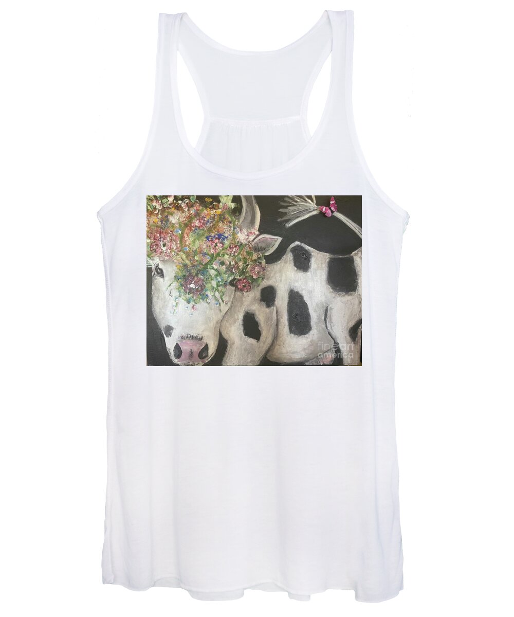 Cow Flowers Whimsical Farm Nature Black White Moo Women's Tank Top featuring the painting Moona Lisa #1 by Kathy Bee