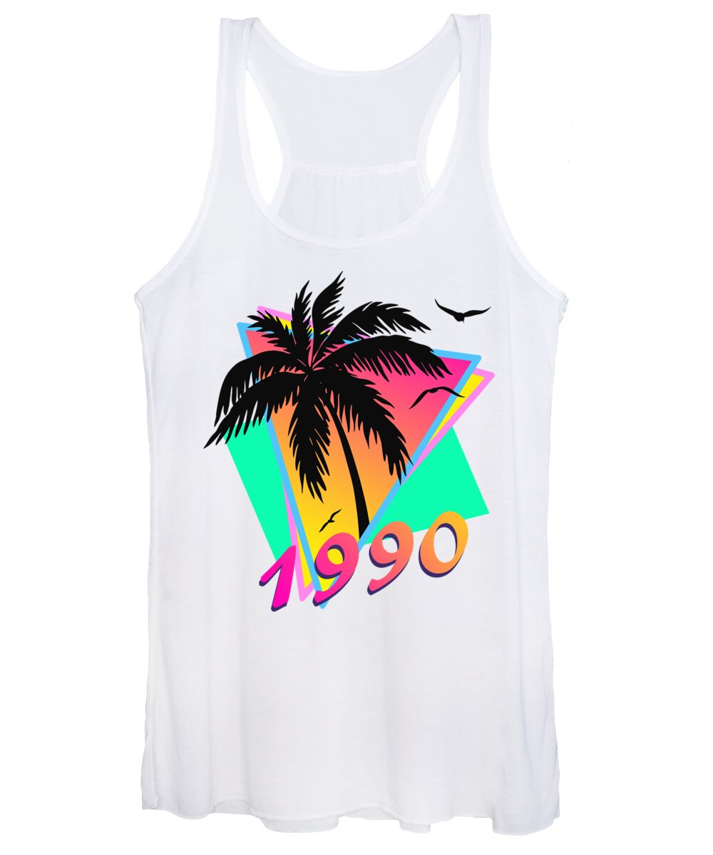 This Cool Design Features Classic Vintage 80s Style Summer Sunset Pop Art Inspired By Retro Vhs Tapes Of Famous Tv Shows And Movie Posters. A Palm Tree By The Ocean And Seagulls In Front Of The Glow Of The Sun. This Colorful Print In Yellow Women's Tank Top featuring the digital art 1990 Cool Tropical Sunset by Megan Miller