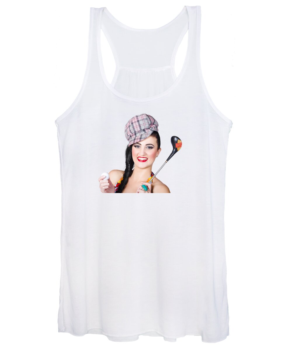 Golf Women's Tank Top featuring the photograph Beautiful female golfer holding golf ball and club by Jorgo Photography