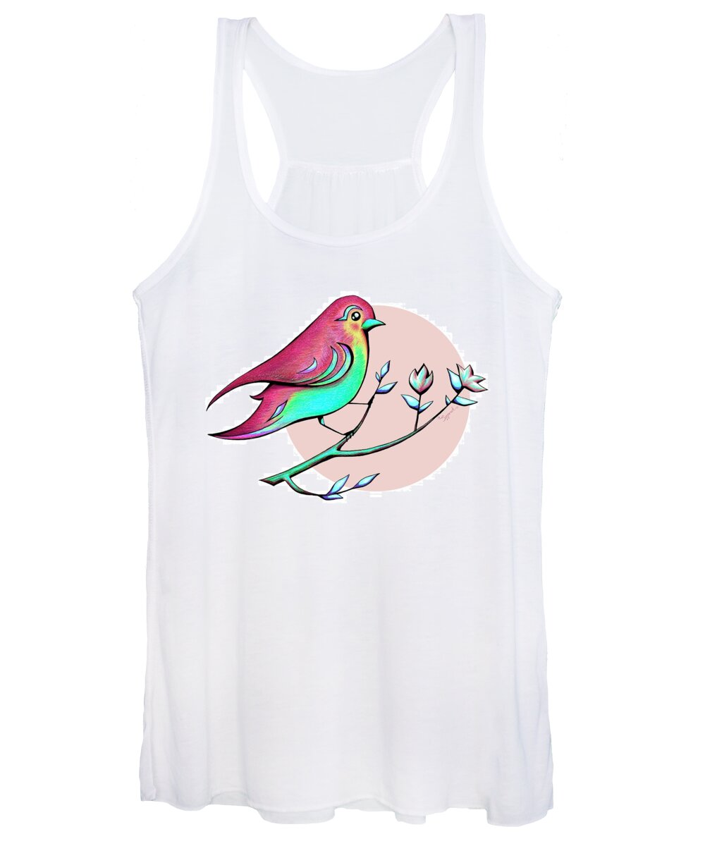 Bird Women's Tank Top featuring the drawing BEAUTIFUL SPRING MORNING Bird and Flowers by Sipporah Art and Illustration