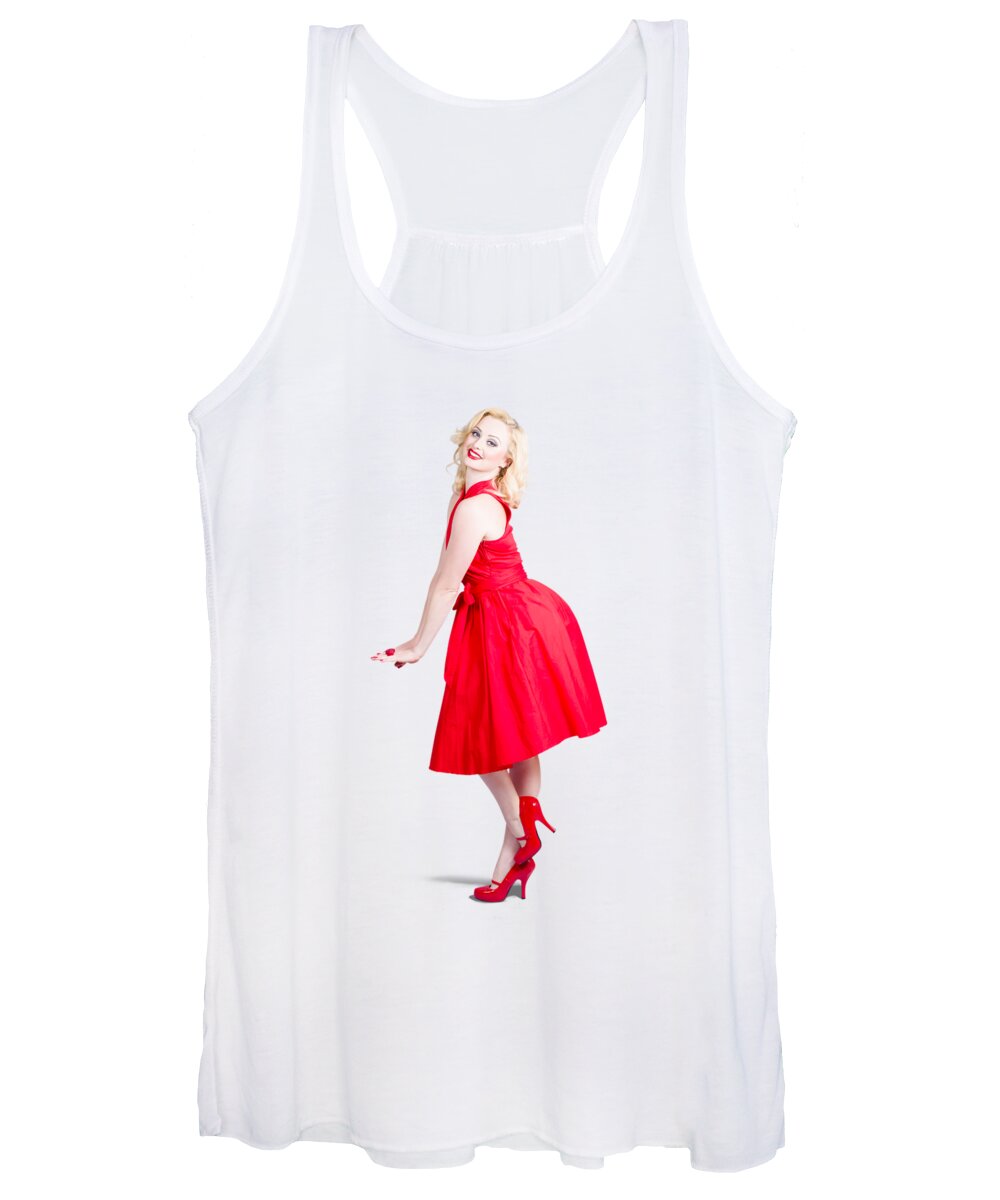 Fashion Women's Tank Top featuring the photograph Beautiful woman model in red dress and high heels by Jorgo Photography