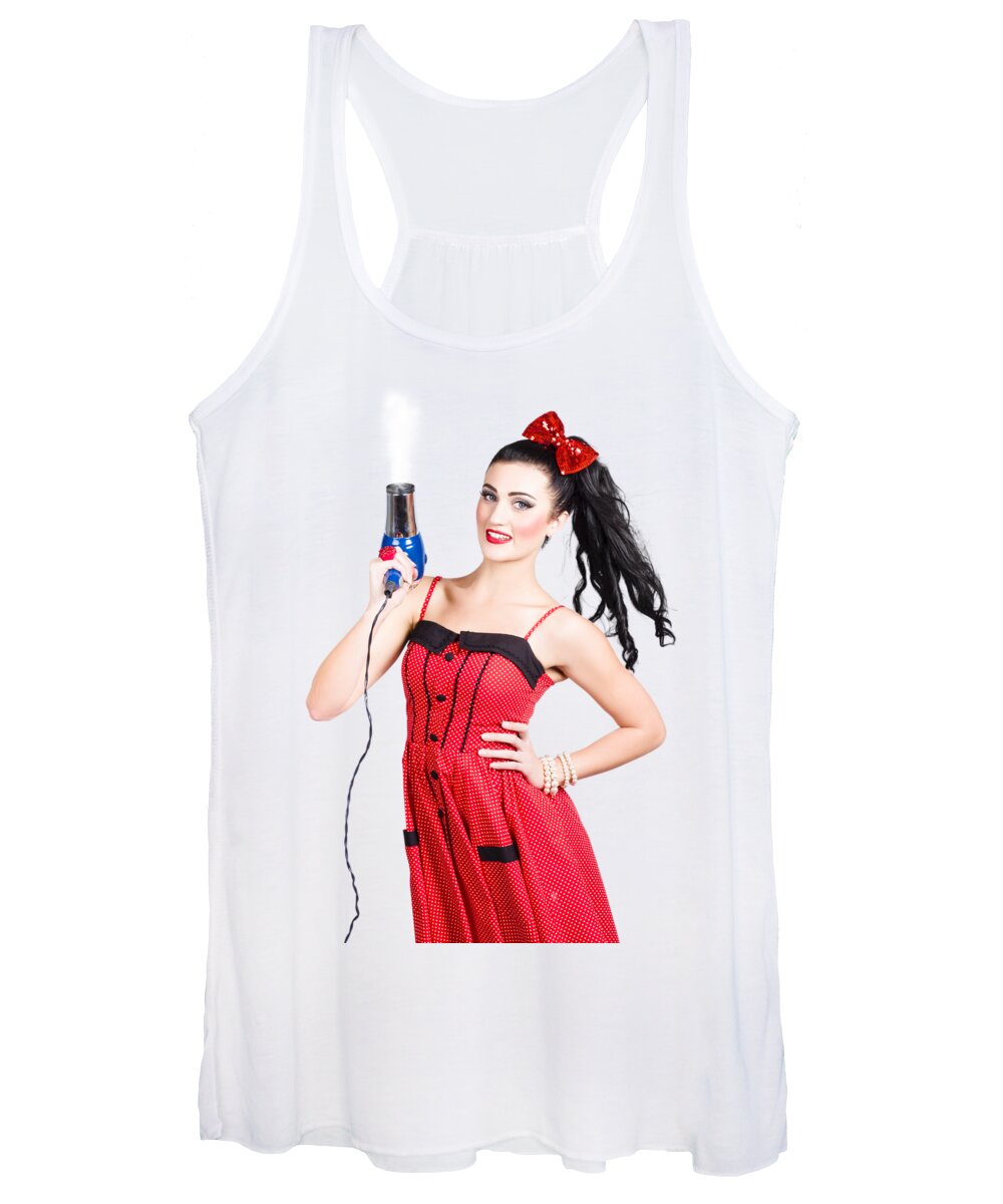 Salon Women's Tank Top featuring the photograph Beauty style portrait of a elegant hairdryer woman by Jorgo Photography