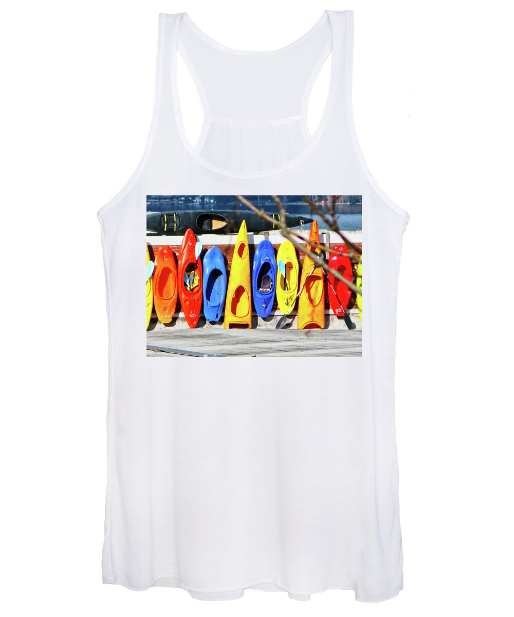 Boats Women's Tank Top featuring the photograph Colorful kayaks on rooftop, Lake Washington, Seattle by Segura Shaw Photography