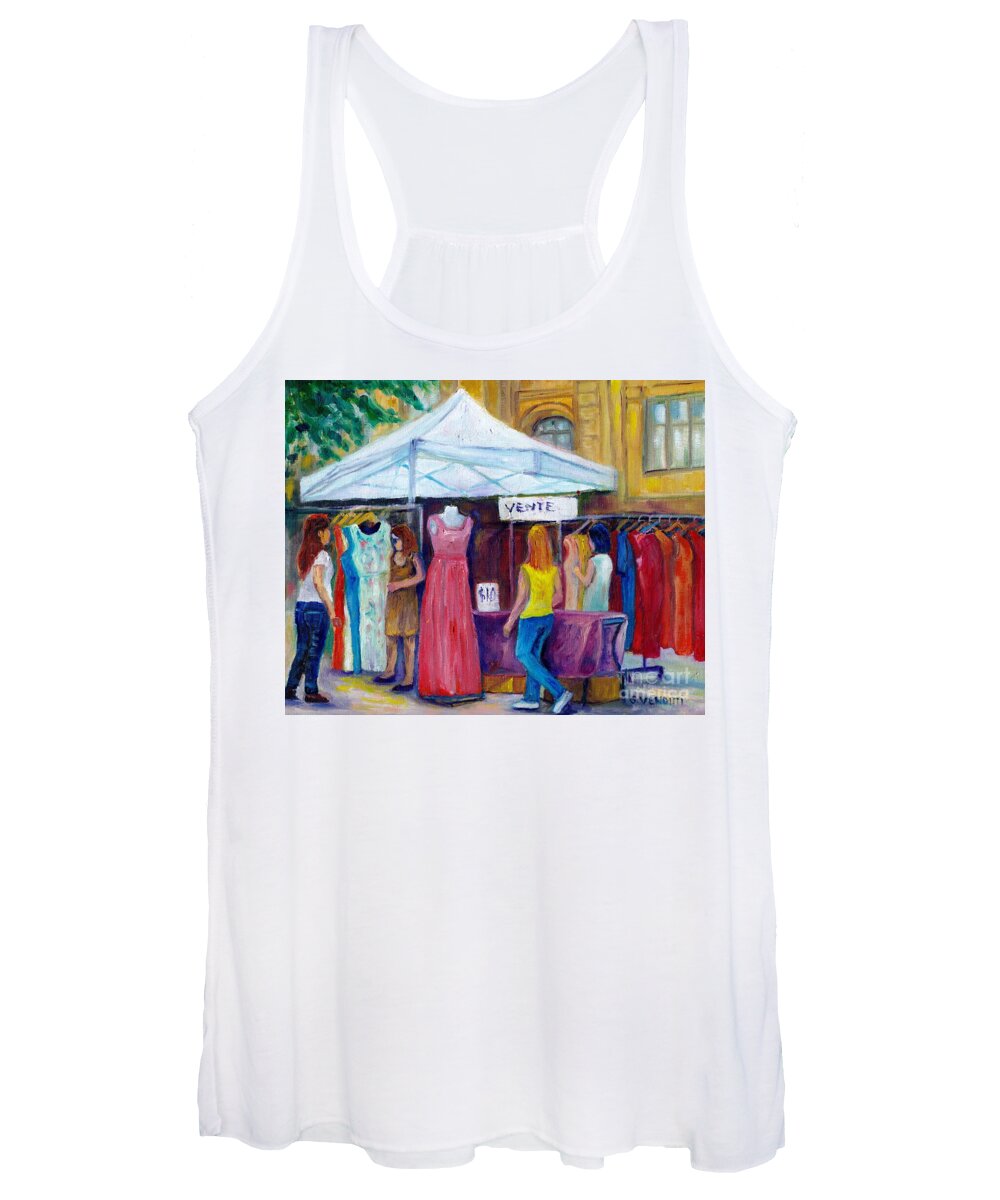 Montreal Women's Tank Top featuring the painting Downtown Rue St Catherine Sidewalk Sale Montreal Summer Scene Painting Dresses For Sale G Venditti by Grace Venditti