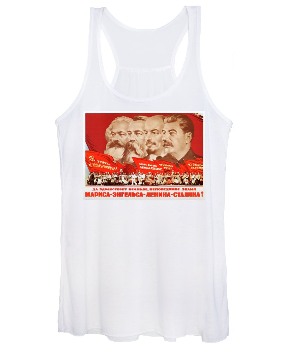 Marx Women's Tank Top featuring the painting Marx, Engels, Lenin and Stalin, 1953 Propaganda poster by Vincent Monozlay