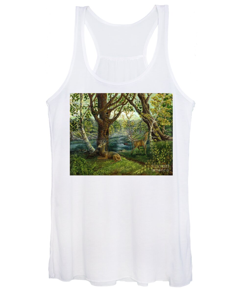 English Women's Tank Top featuring the painting Foggy day Deer in an English Wood by Bonnie Marie