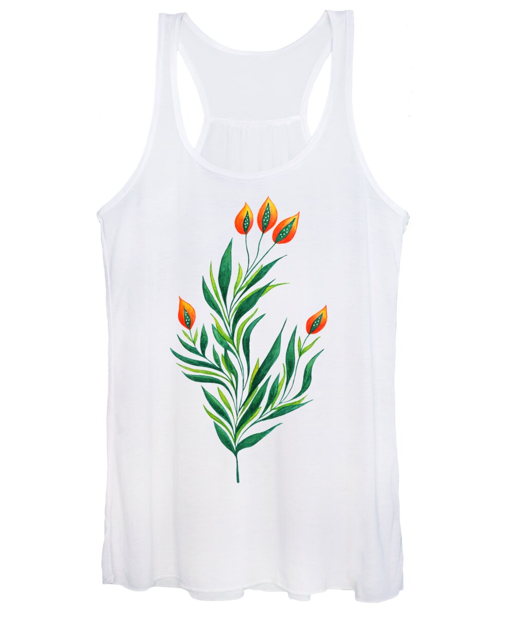 Green Women's Tank Top featuring the drawing Green Plant With Orange Buds by Boriana Giormova