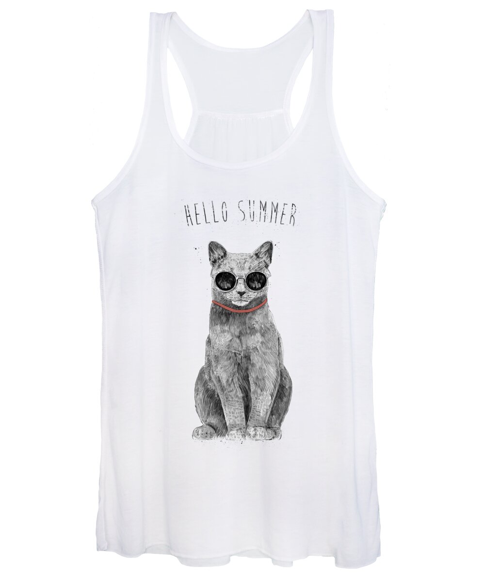 Cat Women's Tank Top featuring the drawing Hello Summer by Balazs Solti