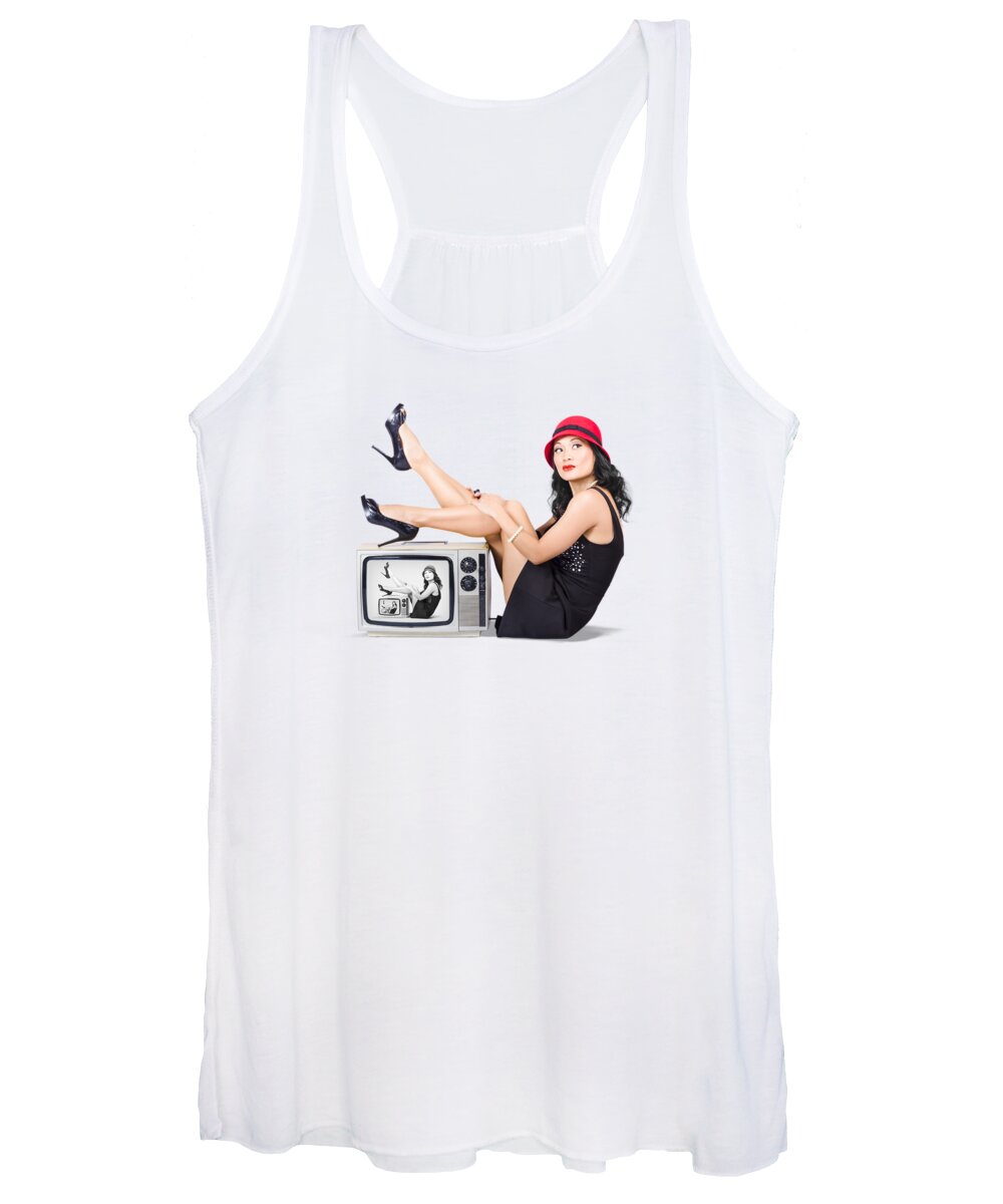 Girl Women's Tank Top featuring the photograph Lovely asian pinup girl posing on vintage tv set by Jorgo Photography