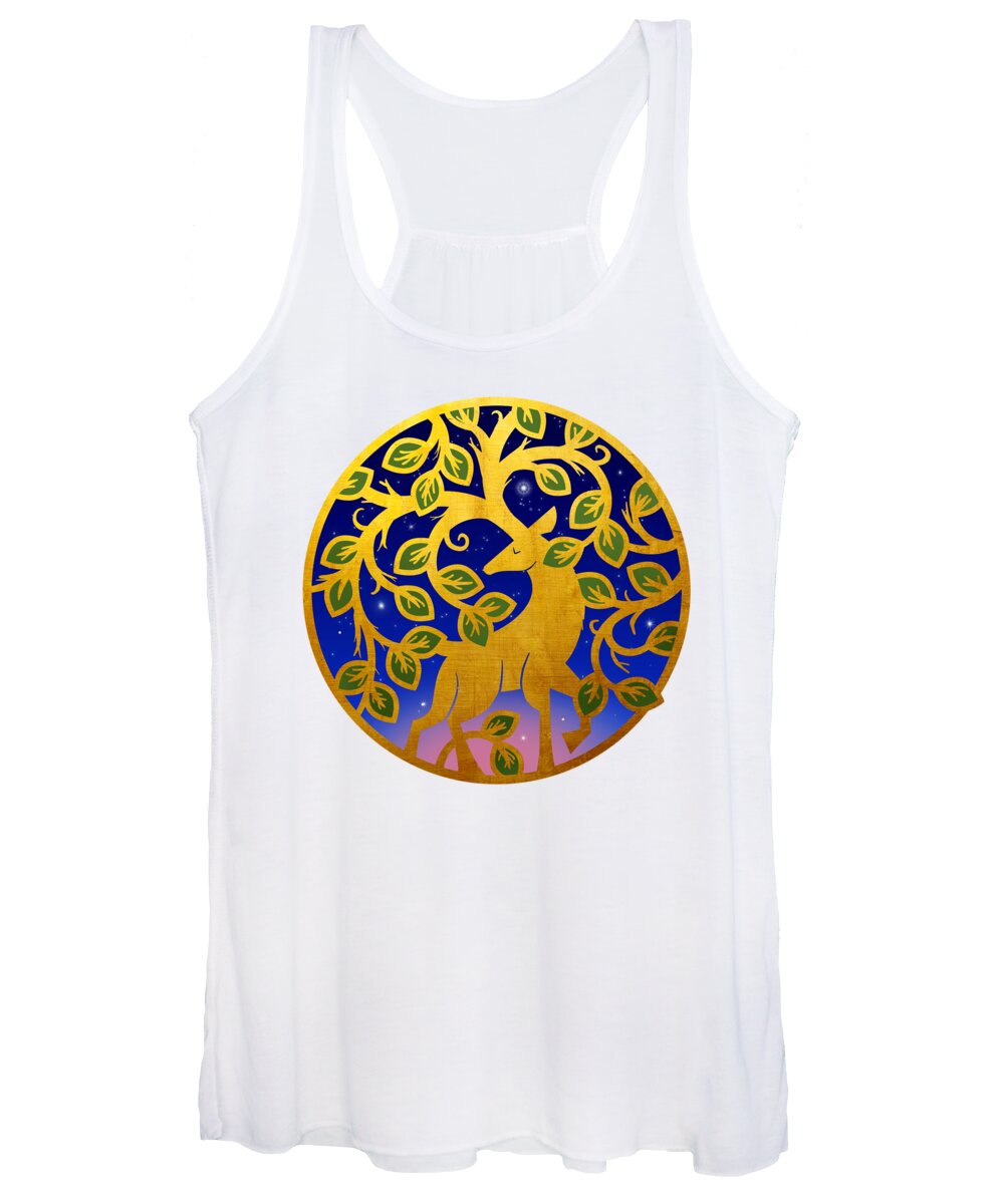 Painting Women's Tank Top featuring the painting Magical Golden Stag Of The Forest At Dawn by Little Bunny Sunshine