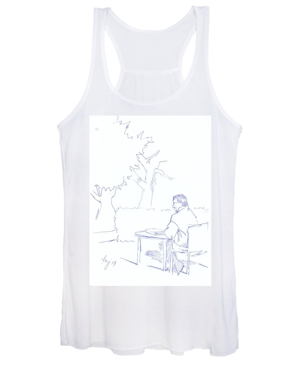 Man Women's Tank Top featuring the drawing Man at library sat outside drawing by Mike Jory