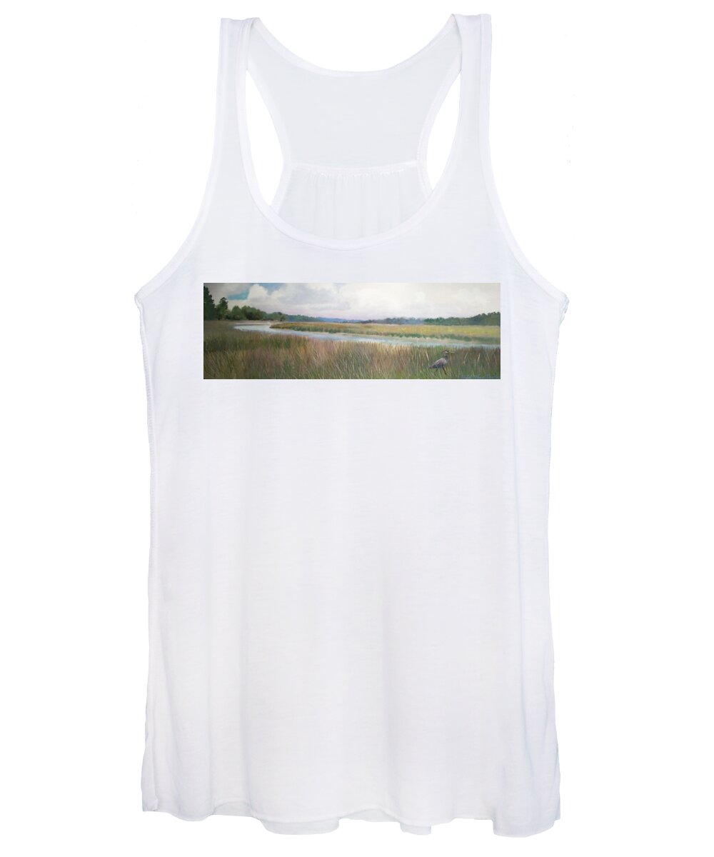 Marsh Women's Tank Top featuring the painting Marsh with Heron in Greens by Blue Sky