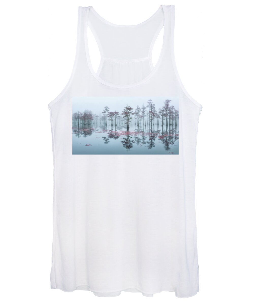 Abstract Women's Tank Top featuring the photograph Morning Reflection of Cypress Trees in the Fog by Alex Mironyuk