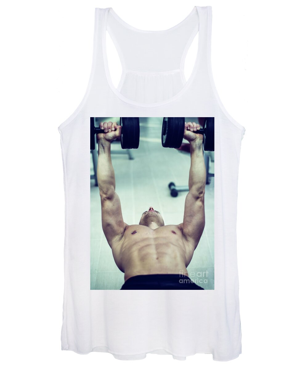 Muscular young man shirtless, training pecs on gym bench Women's Tank Top  by Stefano C - Pixels